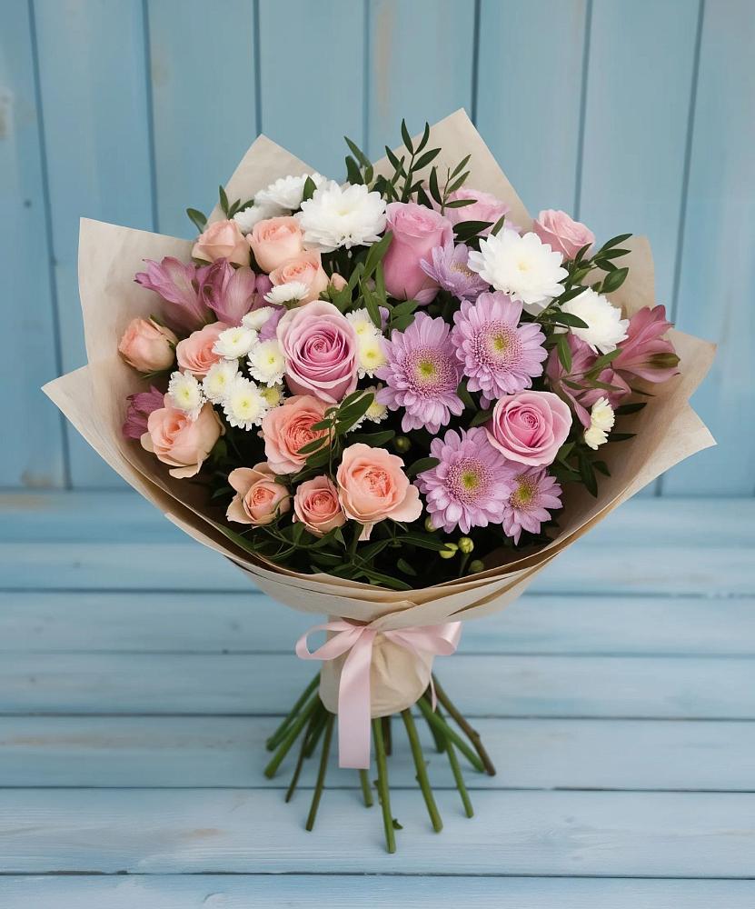 Букет цветов из: Хризантемы, Розы и Альстромерии в Геленджике