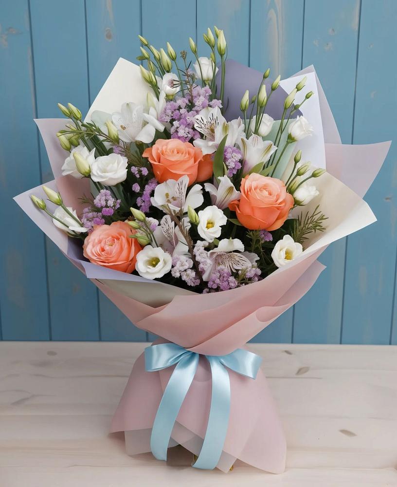 Букет цветов из: Лизиантусы, Розы, Альстромерии и Гипсофила в Геленджике