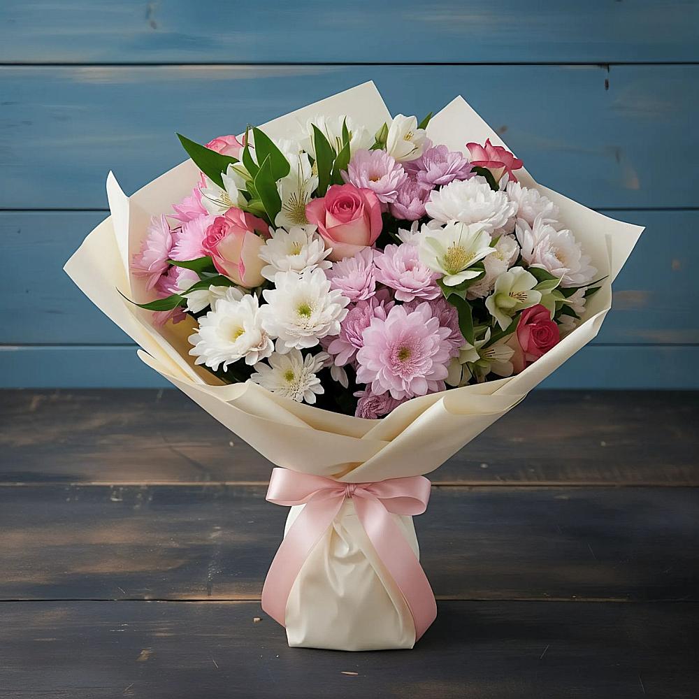 Букет цветов из: Хризантемы, Альстромерии и Розы в Геленджике